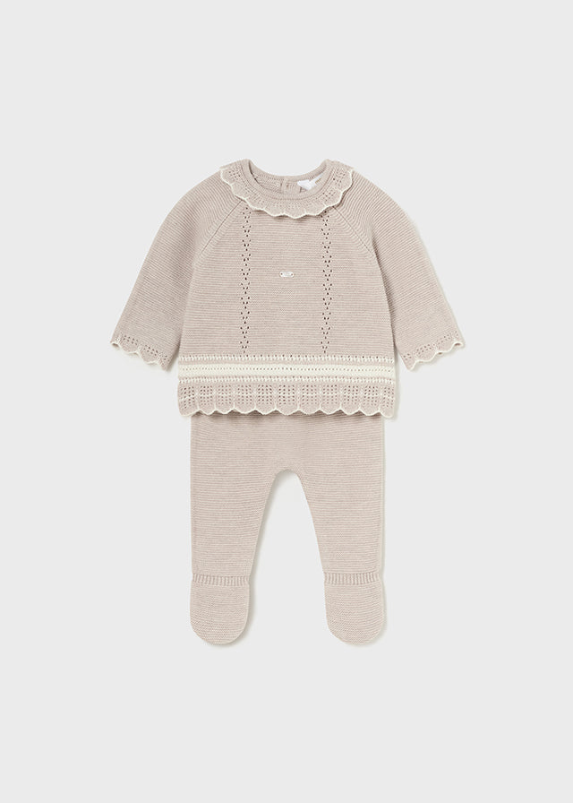 AW24 Mayoral Baby Girls Beige Knitted Two-Piece Set 2501