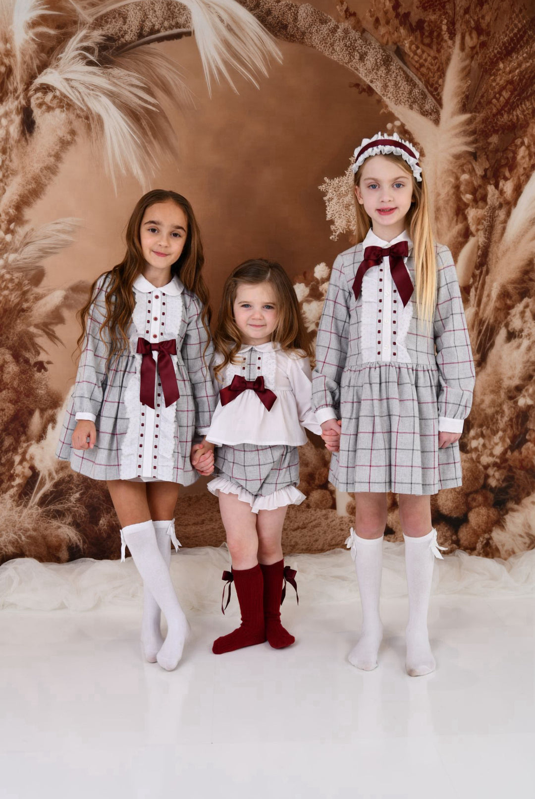 AW24 Rochy Girls Grey & Burgundy Bow Dress