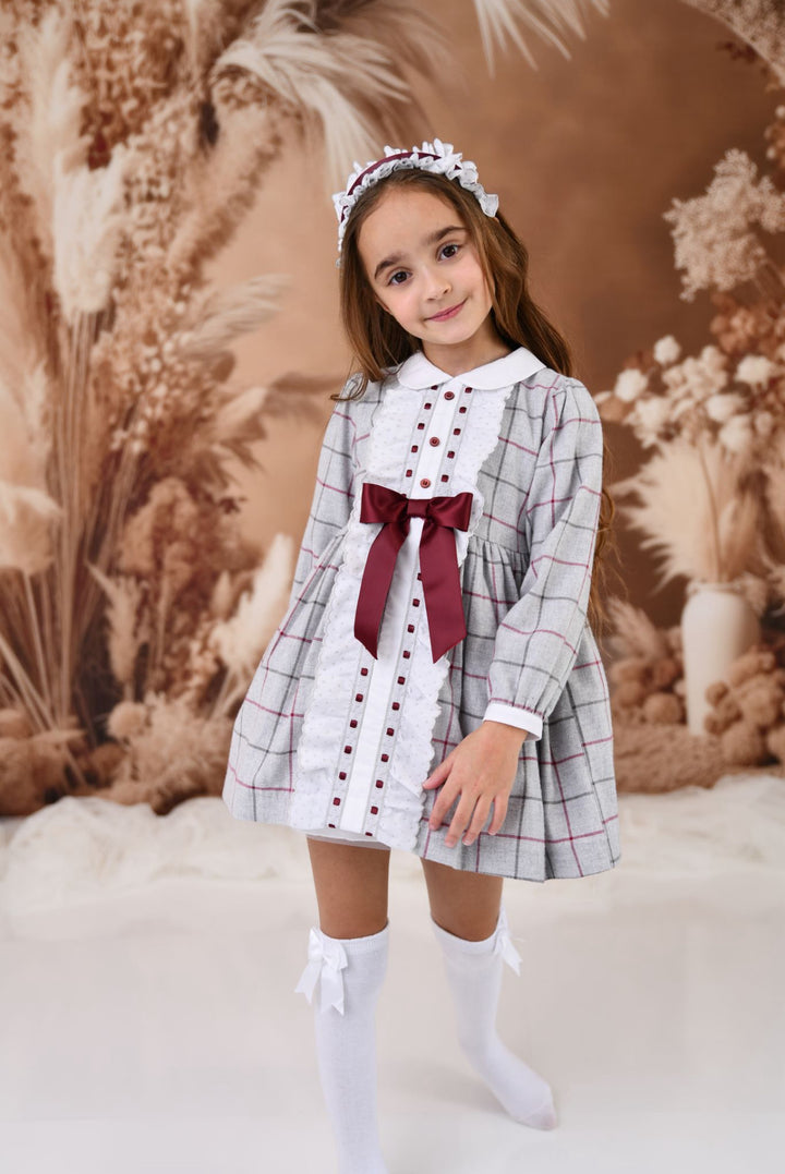 AW24 Rochy Girls Grey & Burgundy Bow Dress