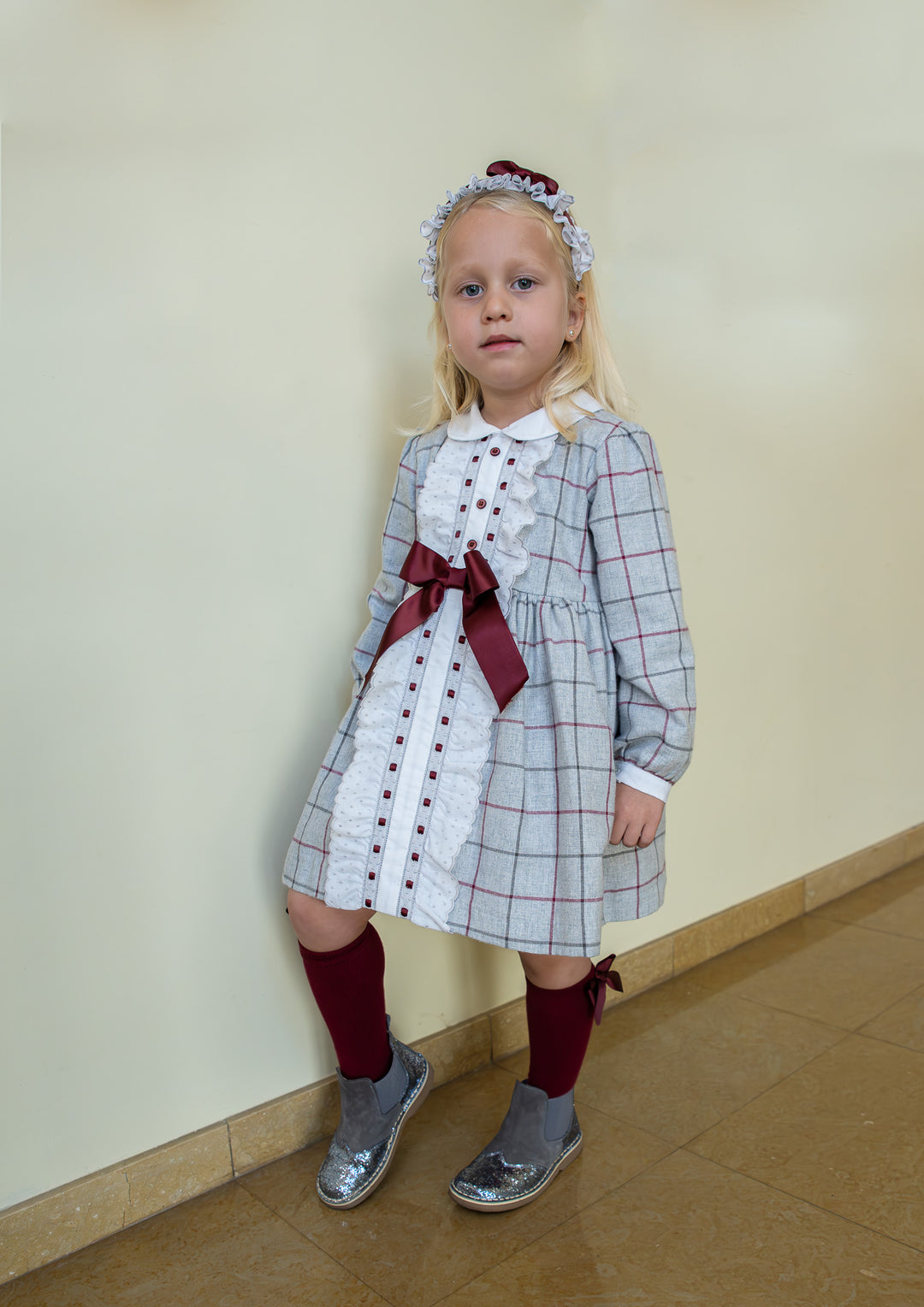 AW24 Rochy Girls Grey & Burgundy Bow Dress