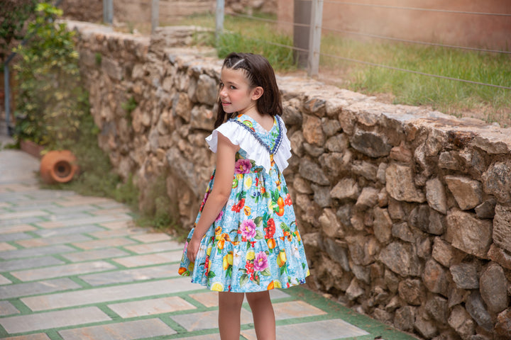 SS24 Rochy Girls Blue Lemons V-Frilled Collar Dress