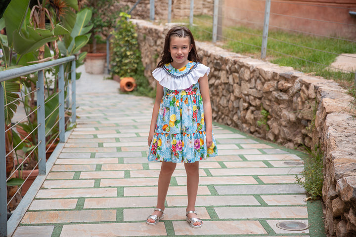 SS24 Rochy Girls Blue Lemons V-Frilled Collar Dress