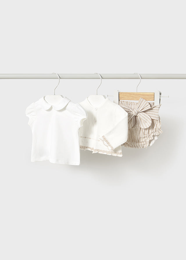 SS25 Mayoral Baby Girl Ivory & Camel Three-Piece Set 1254