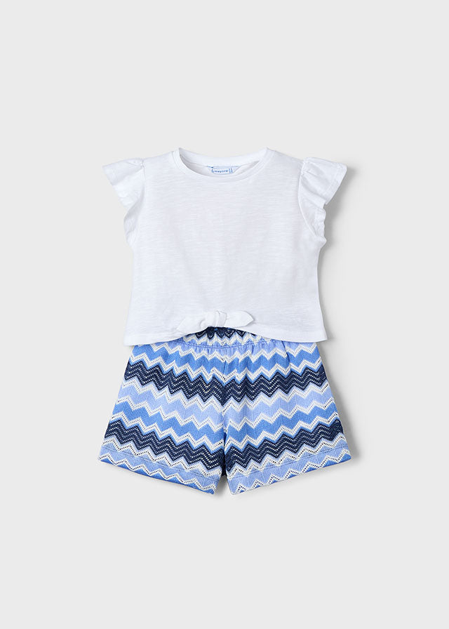 SS25 Mayoral Girls Blue & White Chevron Short Set 3209