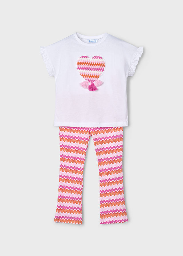 SS25 Mayoral Girls Pink & White Chevron Flared Leggings Set 3709