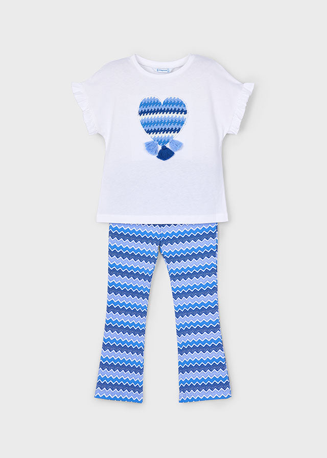 SS25 Mayoral Girls Blue & White Chevron Flared Leggings Set 3709