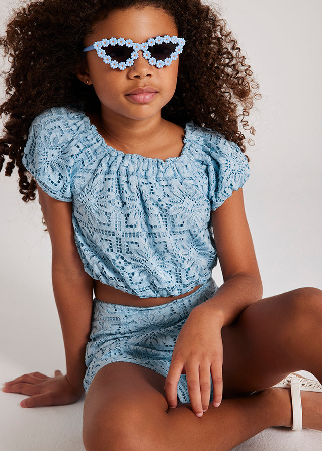 SS25 Mayoral Girls Blue Lace Shorts Set 6151 & 6213