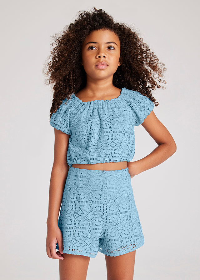 SS25 Mayoral Girls Blue Lace Shorts Set 6151 & 6213