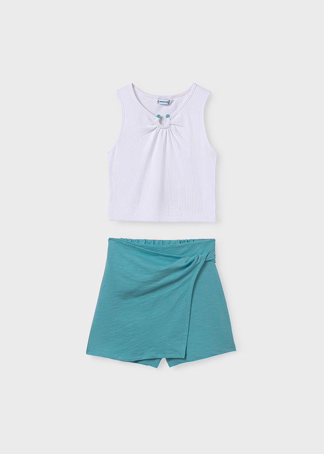 SS25 Mayoral Older Girls White & Turquoise Skort Set 6224