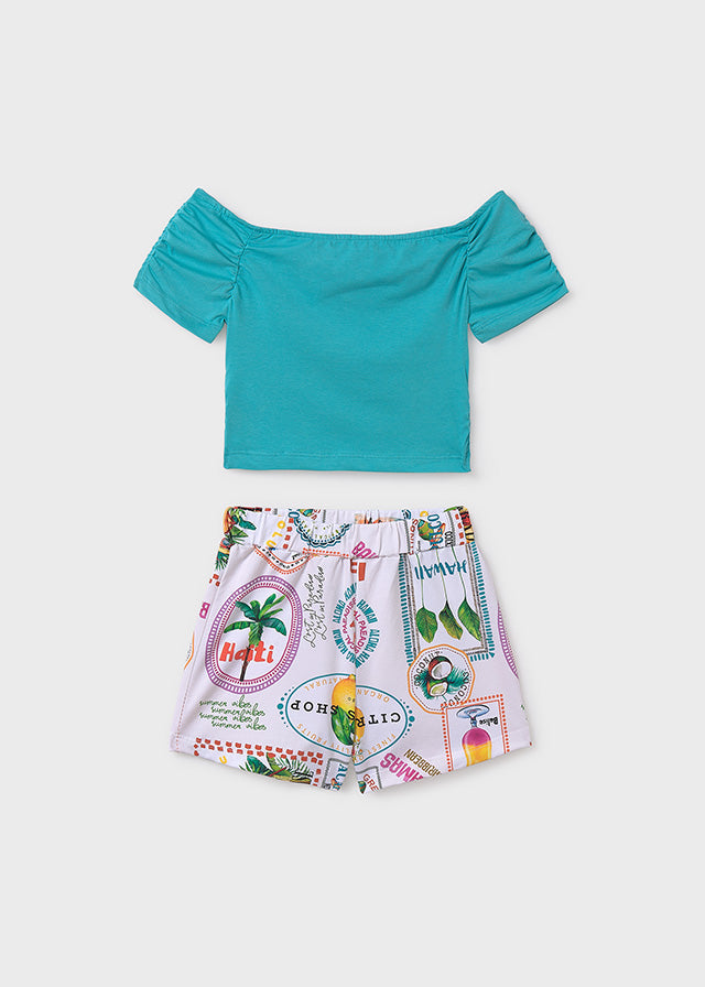 SS25 Mayoral Older Girls Turquoise & White Tropical Print Shorts 6293