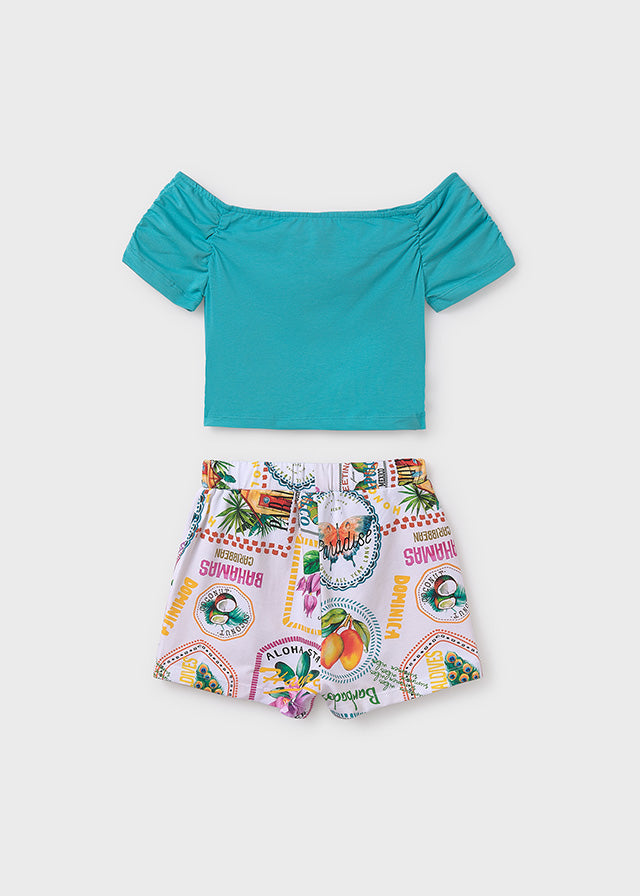 SS25 Mayoral Older Girls Turquoise & White Tropical Print Shorts 6293