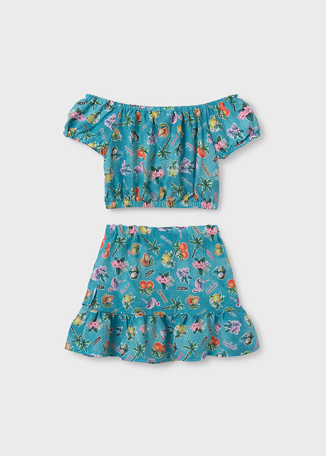 SS25 Mayoral Older Girls Turquoise Tropical Shorts Set 6989