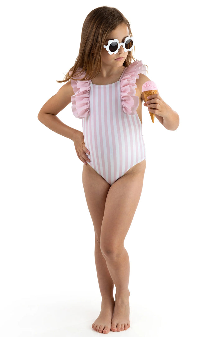 SS25 Meia Pata Girls Pink & White Stripe Amalfi Swimming Costume