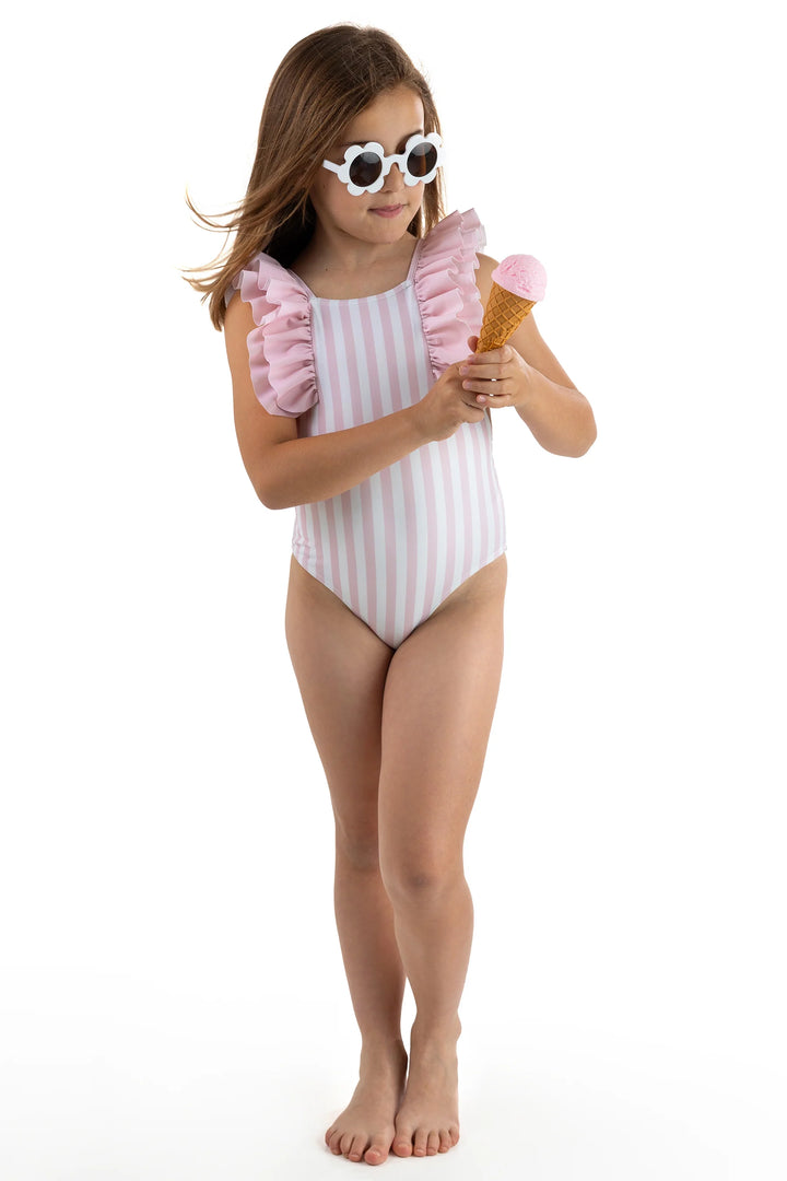 SS25 Meia Pata Girls Pink & White Stripe Amalfi Swimming Costume