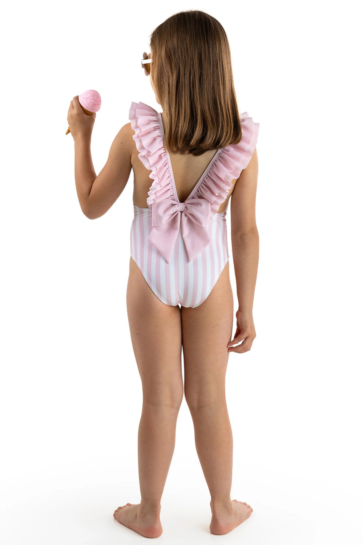 SS25 Meia Pata Girls Pink & White Stripe Amalfi Swimming Costume