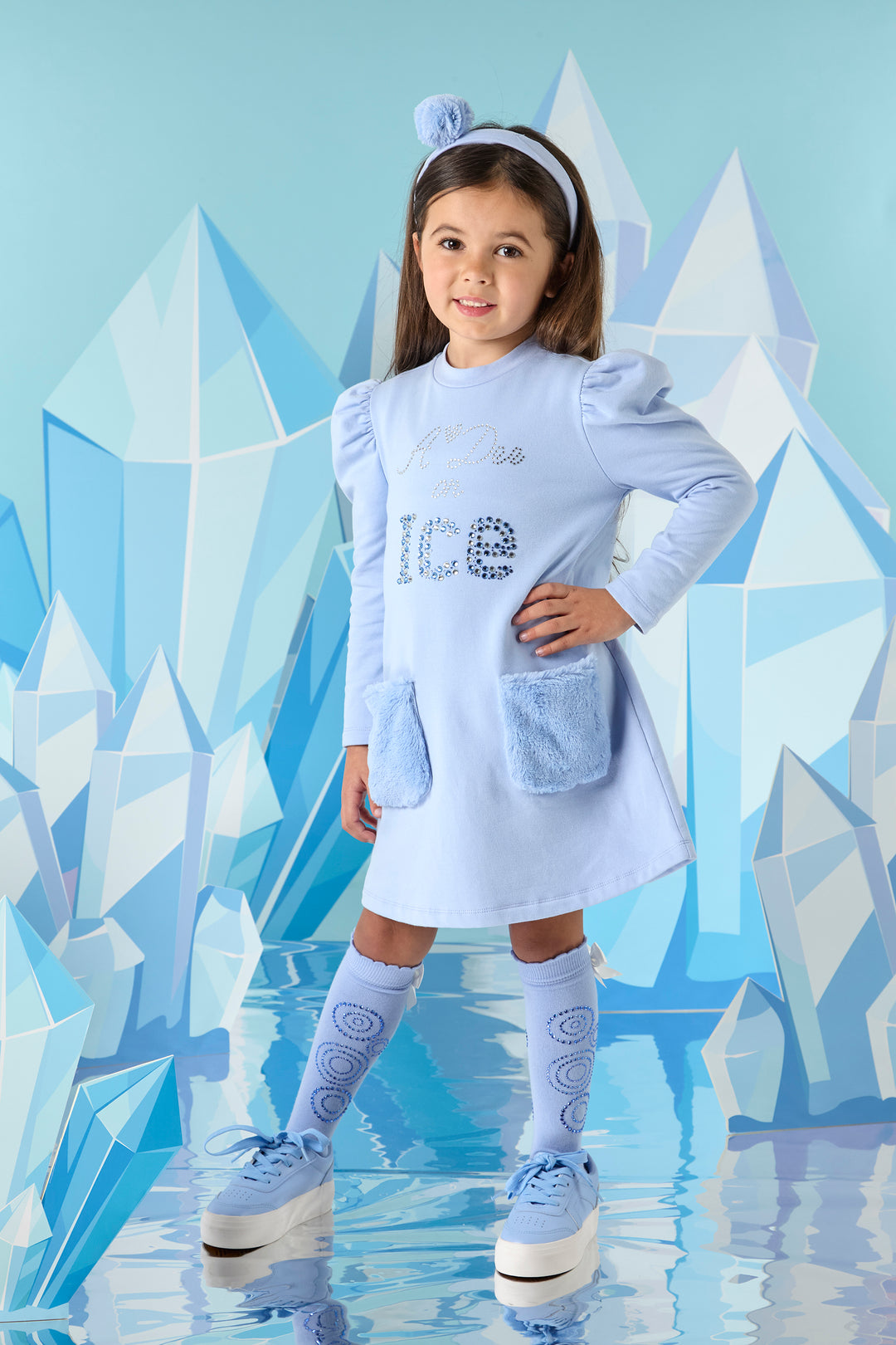 AW24 A Dee Girls Perrie Blue Diamante Knee High Socks