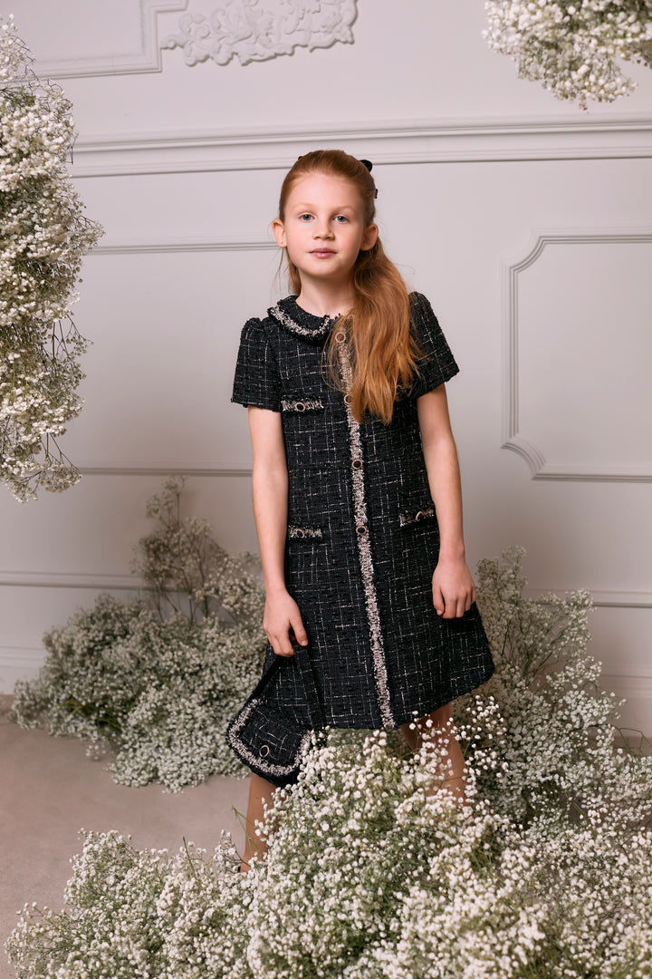 AW24 Patachou Girls Black & Gold Tweed Dress