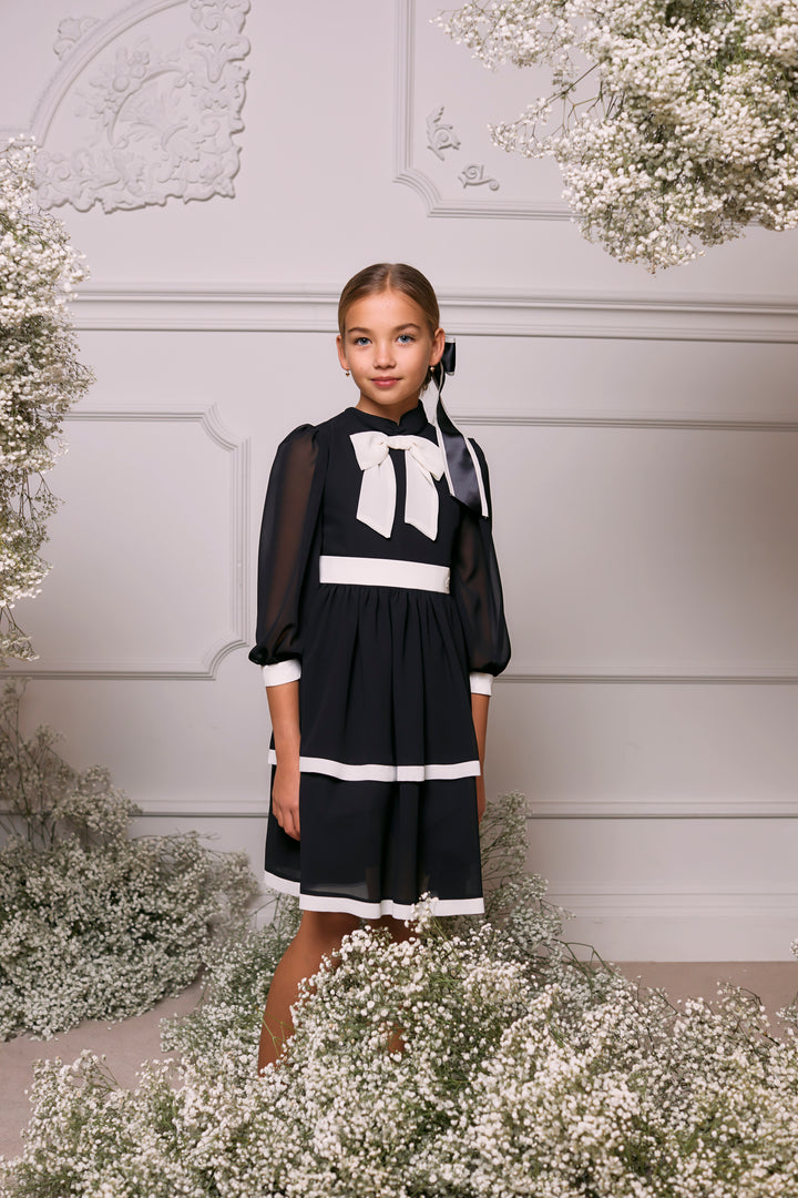 AW24 Patachou Girls Black & Ivory Bow Chiffon Dress