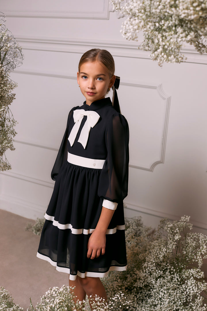 AW24 Patachou Girls Black & Ivory Bow Chiffon Dress