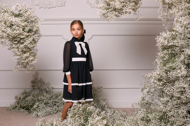 AW24 Patachou Girls Black & Ivory Bow Chiffon Dress