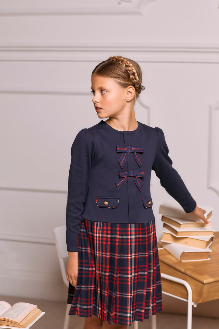 AW24 Patachou Girls Navy Blue Tartan Dress