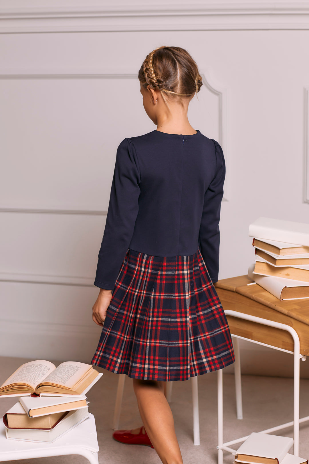 AW24 Patachou Girls Navy Blue Tartan Dress