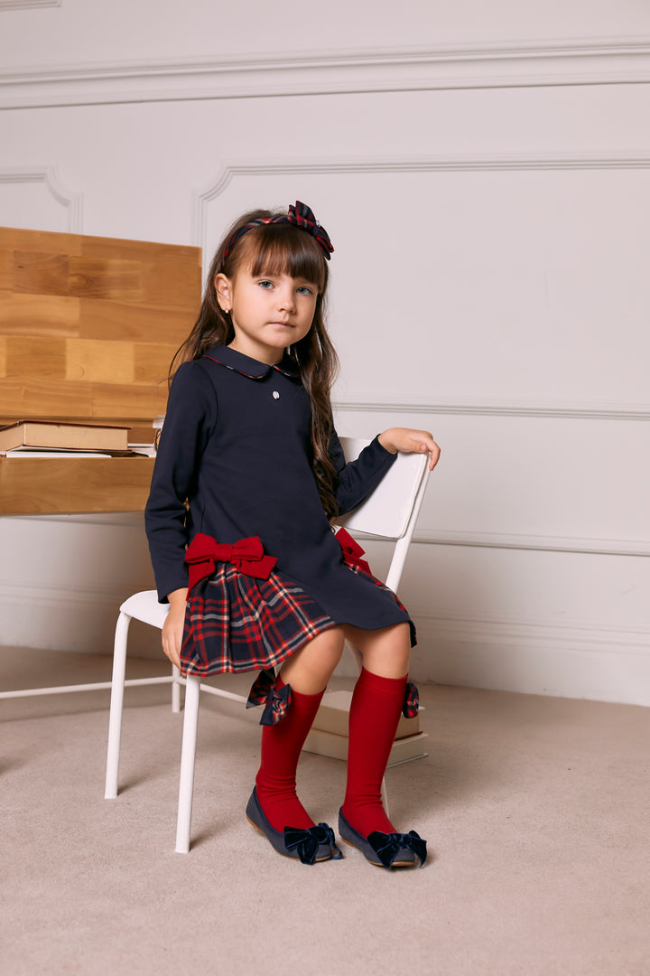 AW24 Patachou Girls Navy Blue Tartan Bow Dress