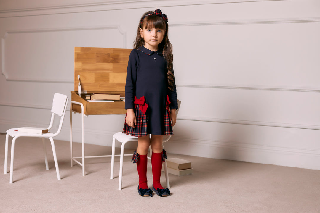 AW24 Patachou Girls Navy Blue Tartan Bow Dress