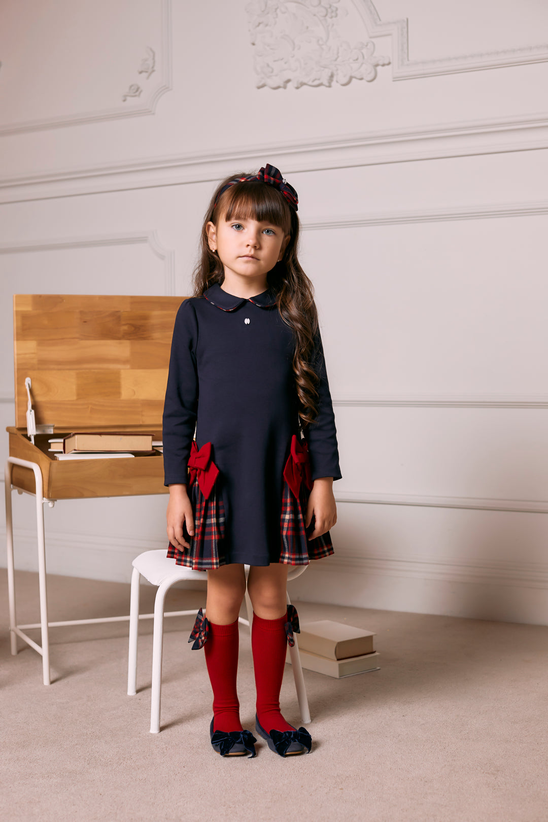 AW24 Patachou Girls Navy Blue Tartan Bow Dress