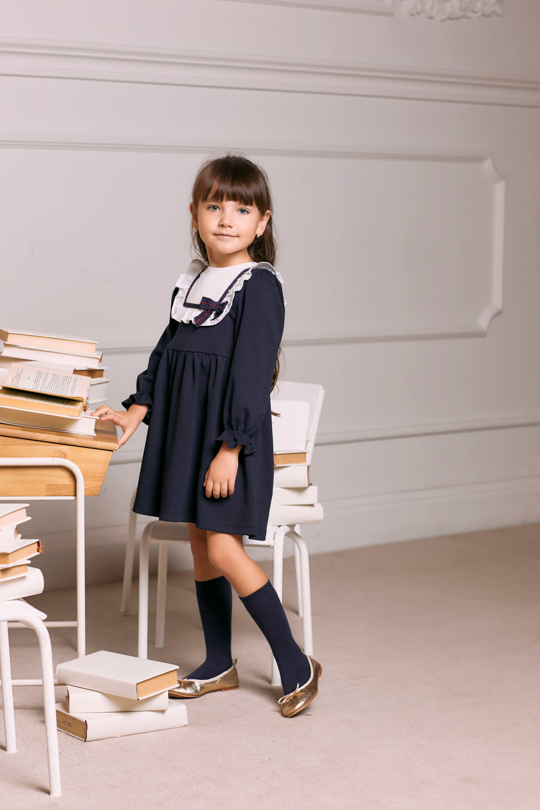 AW24 Patachou Girls Navy Blue Bow Dress