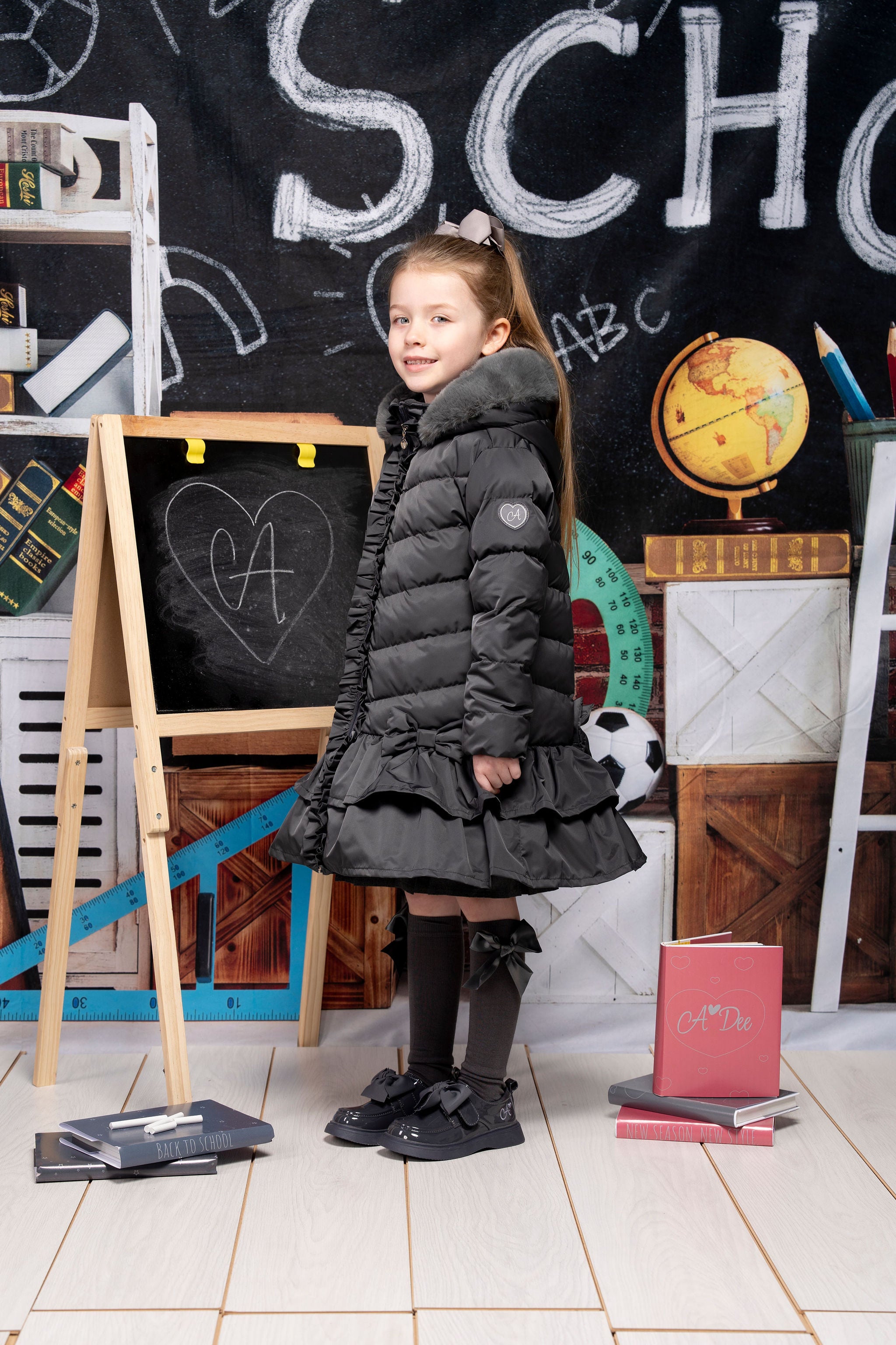 AW24 A Dee Girls Becky Dark Grey Coat Liquorice Kids