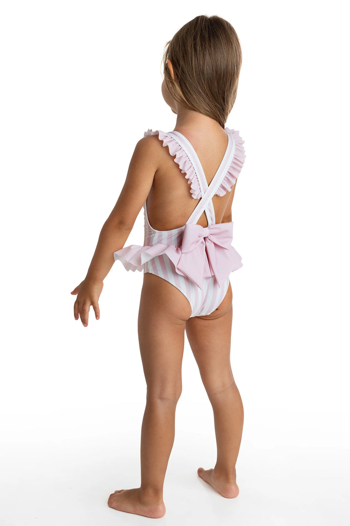 SS25 Meia Pata Girls Pink & White Stripe Ravello Swimming Costume