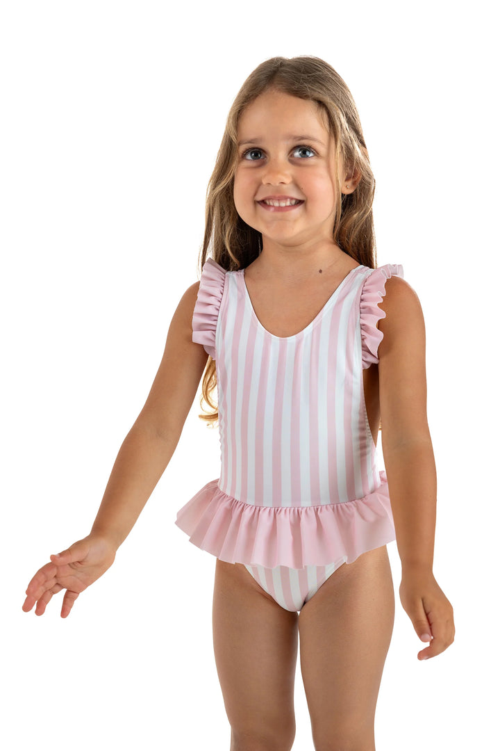 SS25 Meia Pata Girls Pink & White Stripe Ravello Swimming Costume