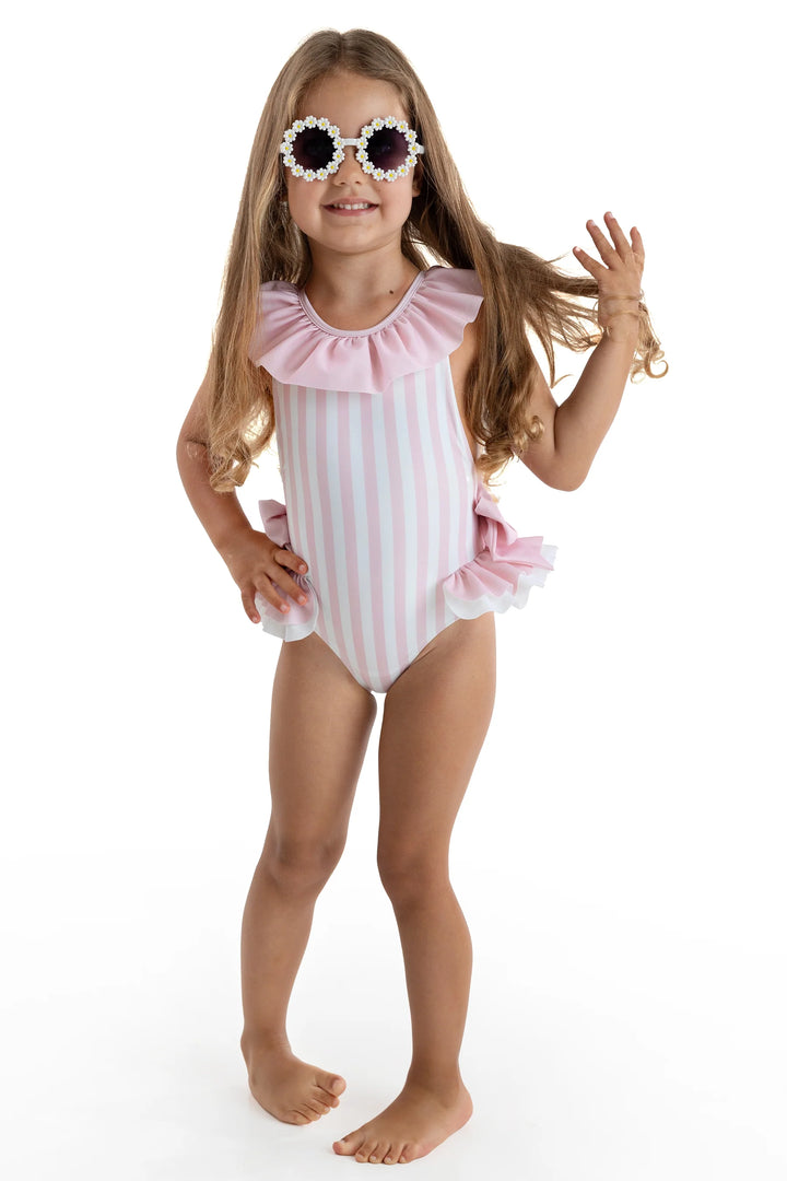 SS25 Meia Pata Girls Pink & White Stripe Salerno Swimming Costume