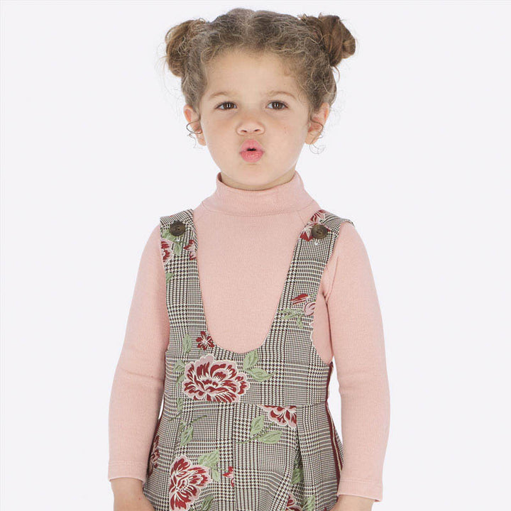 AW19 Mayoral Girls Dogtooth & Embroidered Flower Dungaree Set 136 & 4601