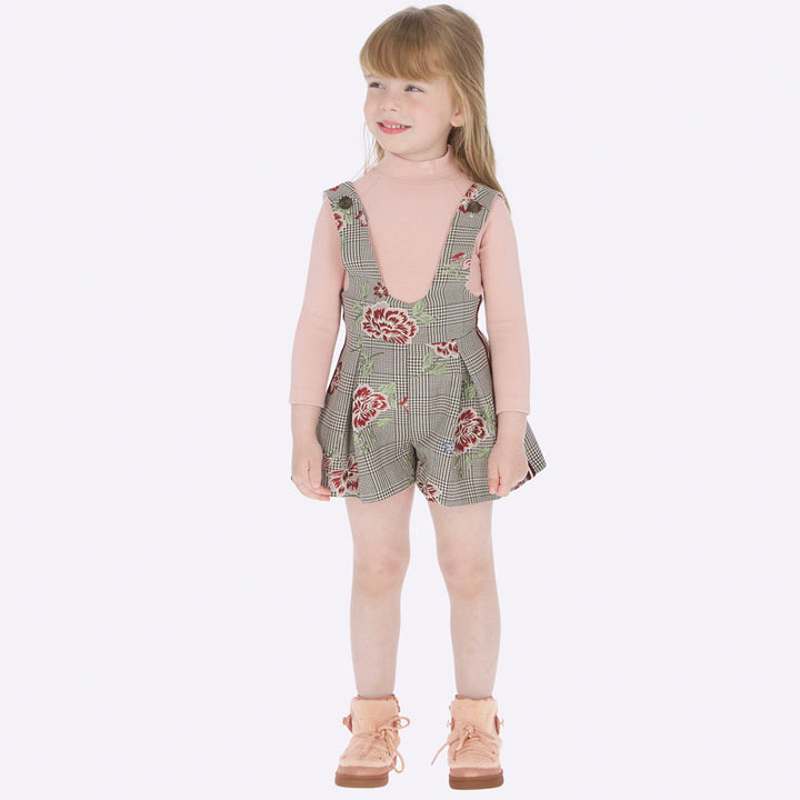 AW19 Mayoral Girls Dogtooth & Embroidered Flower Dungaree Set 136 & 4601