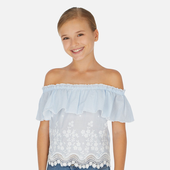 SS20 Mayoral Older Girls Blue & White Striped Bardot Top 6165