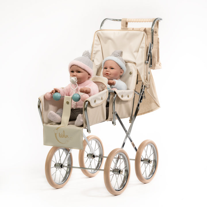 BebeLux Spanish Classic Big Doll's Twin Pushchair In Beige & Bag 2312-B