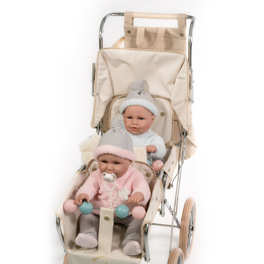 BebeLux Spanish Classic Big Doll's Twin Pushchair In Beige & Bag 2312-B