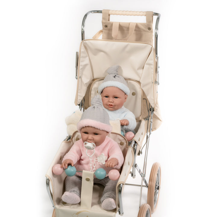 BebeLux Spanish Classic Big Doll's Twin Pushchair In Beige & Bag 2312-B