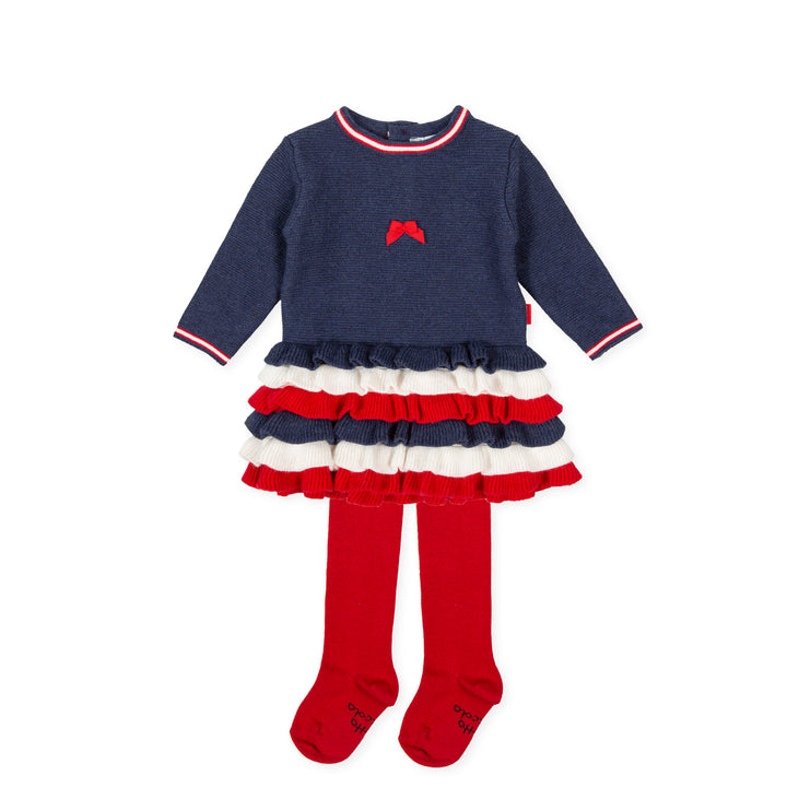 AW20 Tutto Piccolo Girls Navy Blue, Red & Cream Dress & Tights Set 9415