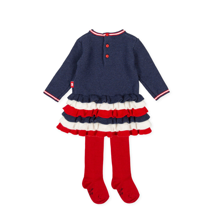 AW20 Tutto Piccolo Girls Navy Blue, Red & Cream Dress & Tights Set 9415