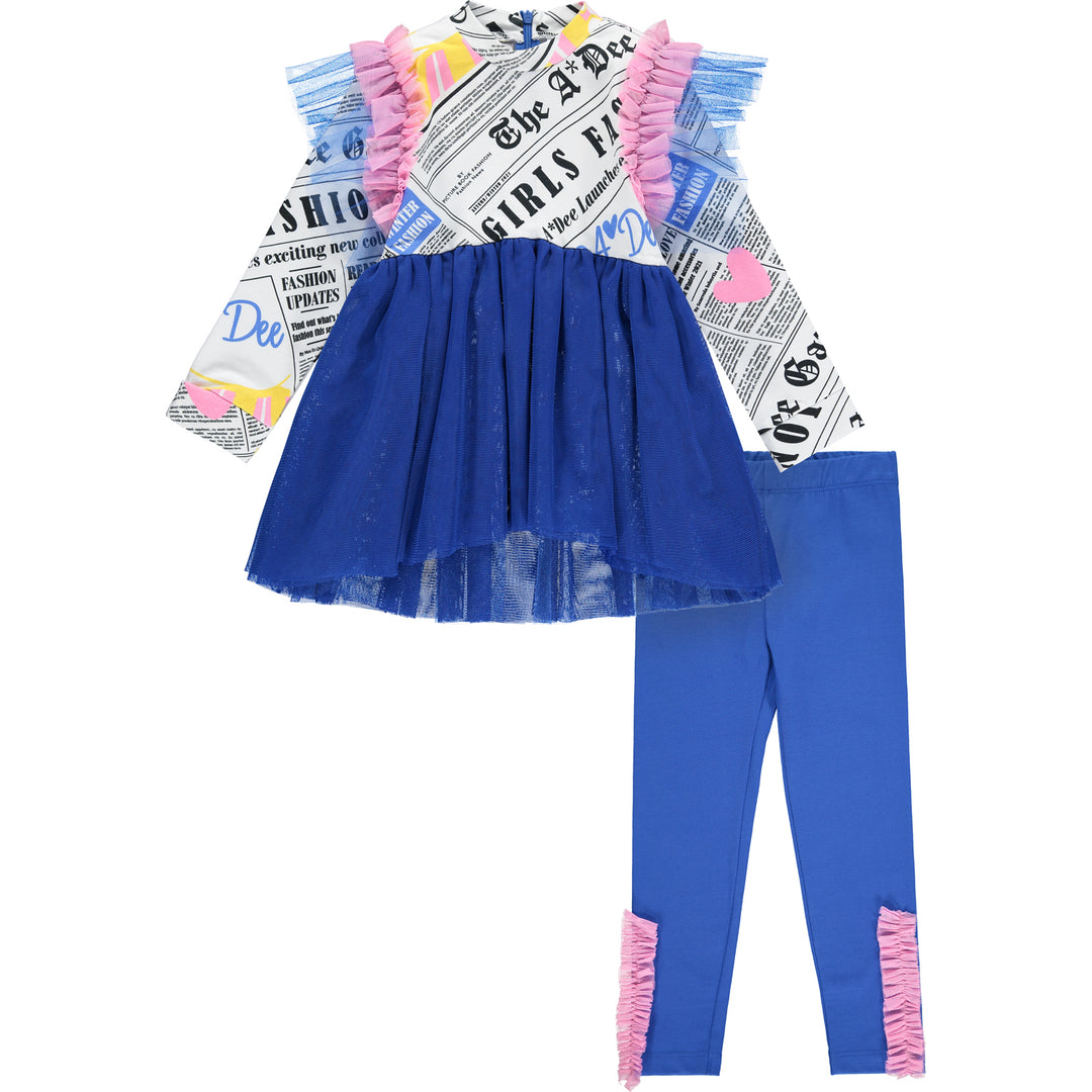 AW21 A Dee Girls Sarah Blue Newspaper Print Leggings Set