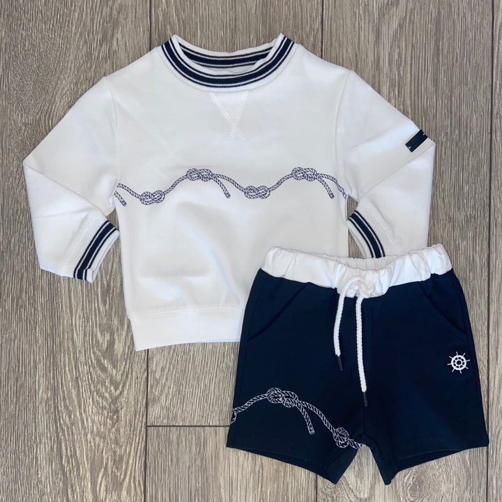 SS21 Patachou Boys White & Navy Blue Shorts Set