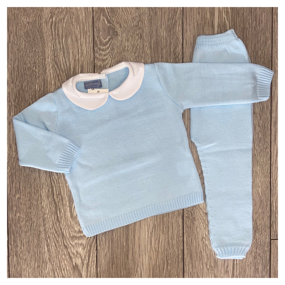 Aurea Peter Pan Collar Boys Baby Blue Knit Tracksuit