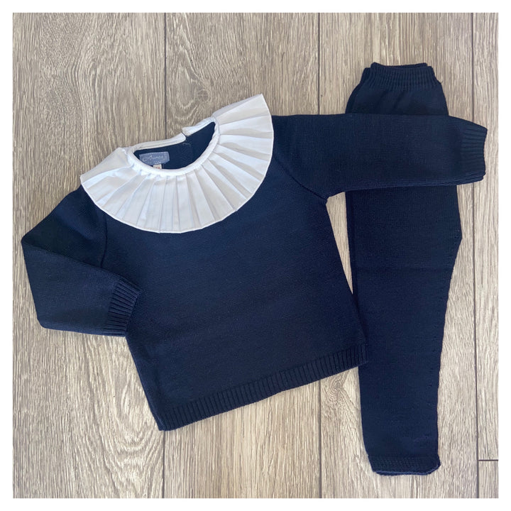 Aurea Pleated Collar Navy Girls Knit Tracksuit